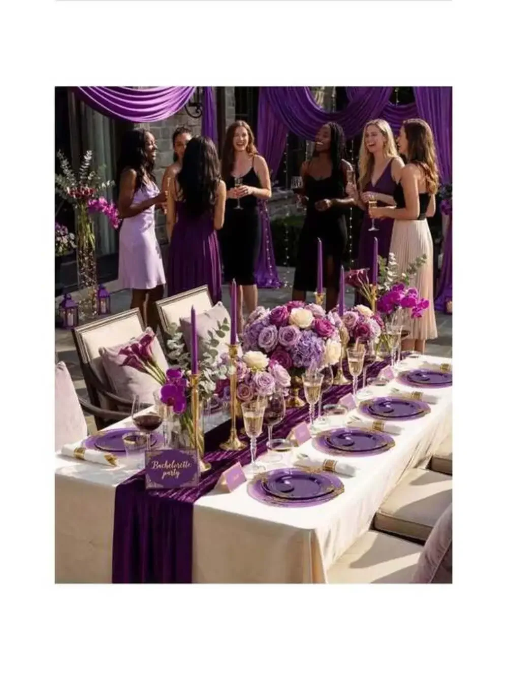 350 Pieces Purple/Gold Plastic Plates & Cutlery Set for 50 Guests - New in Box